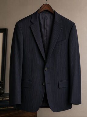 Ralph Lauren Navy Pinstripe Slim Black Label 100% Wool Suit Jacket, 42R